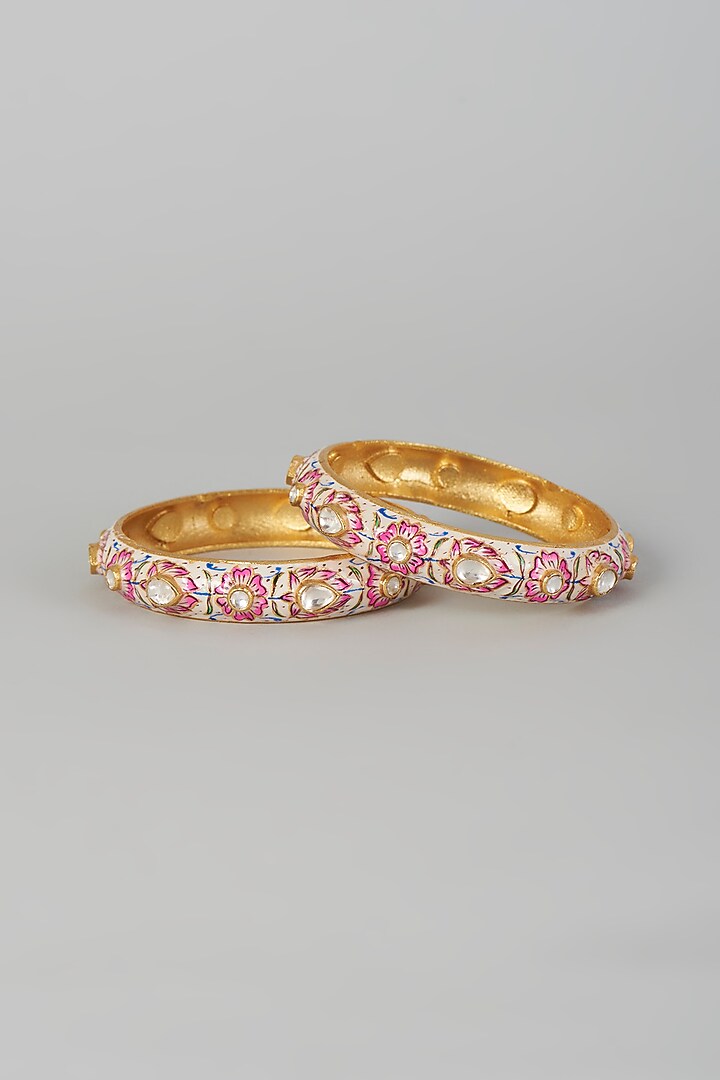 Gold Finish Kundan Polki Bangles (Set of 2) by Adityam Jewels at Pernia