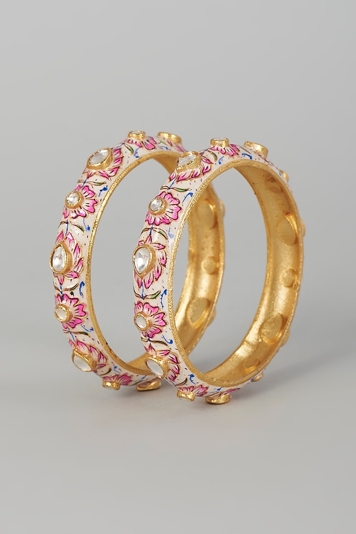 Gold Finish Kundan Polki Bangles (Set of 2) by Adityam Jewels at Pernia's Pop Up Shop
