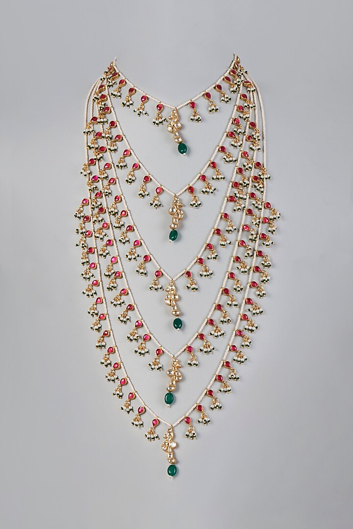 Gold Finish Pink 5-Line Raanihaar Necklace by Adityam Jewels at Pernia's Pop Up Shop