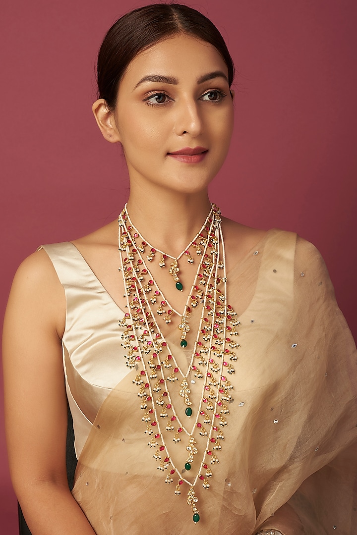Gold Finish Pink 5-Line Raanihaar Necklace by Adityam Jewels