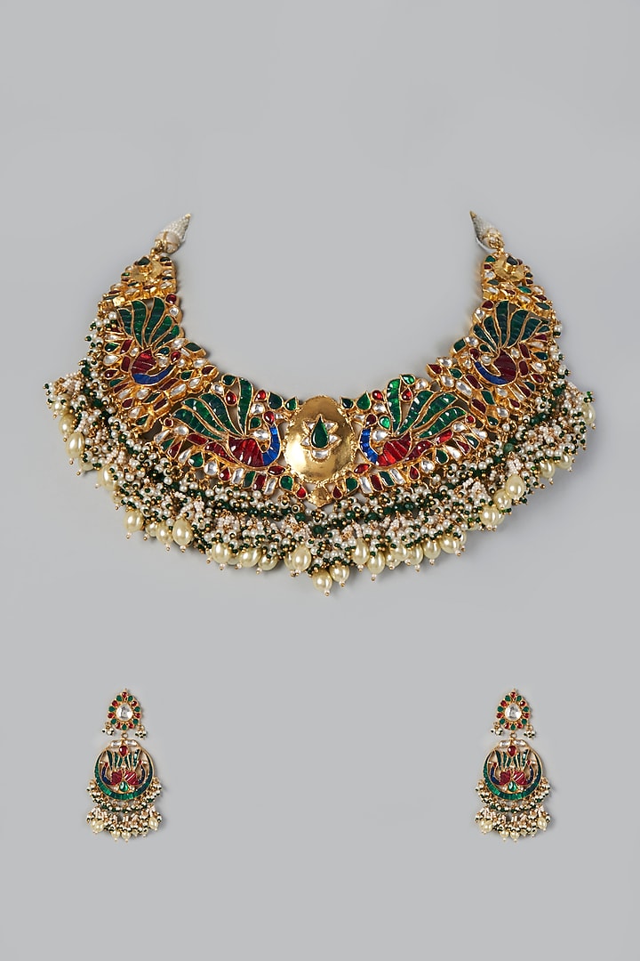 Gold Finish Necklace Set With Kundan Polki by Adityam Jewels at Pernia's Pop Up Shop