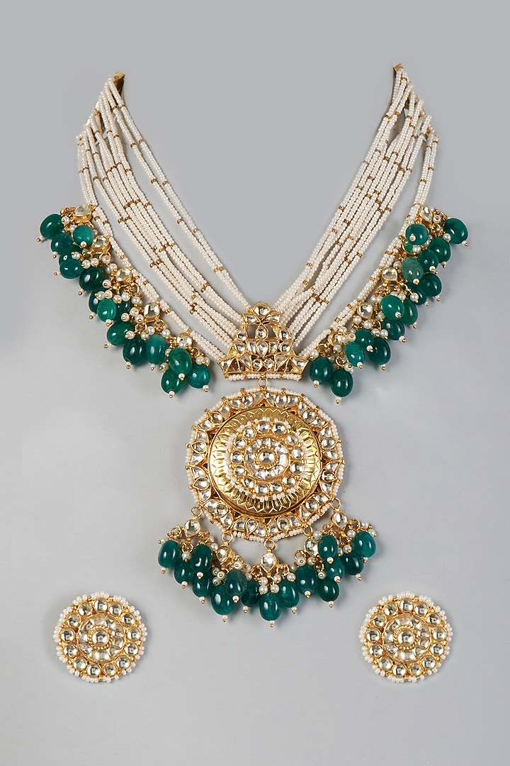Gold Finish Green Beaded Necklace Set by Adityam Jewels at Pernia's Pop Up Shop