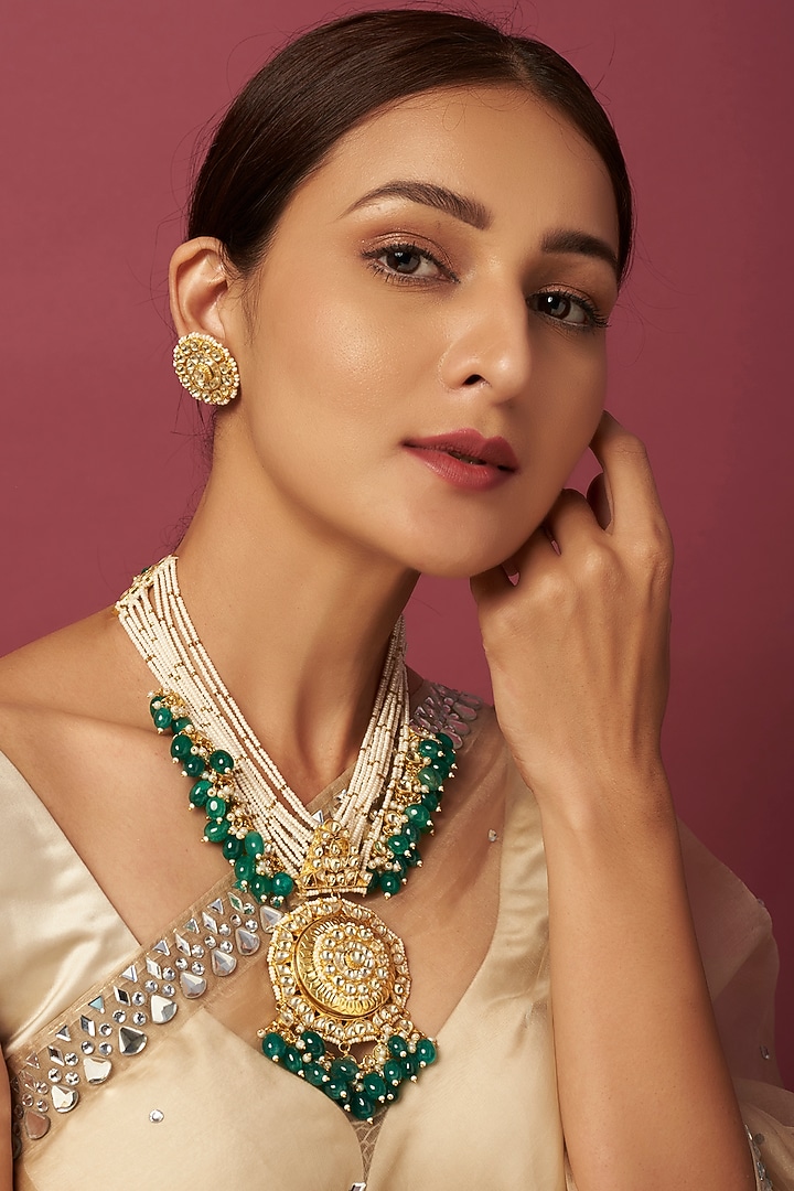 Gold Finish Green Beaded Necklace Set by Adityam Jewels at Pernia's Pop Up Shop