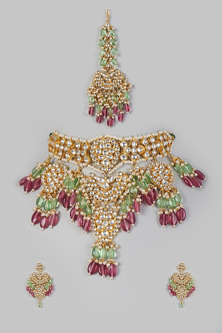 Gold Finish Pink Bead & Kundan Polki Necklace Set by Adityam Jewels at Pernia's Pop Up Shop