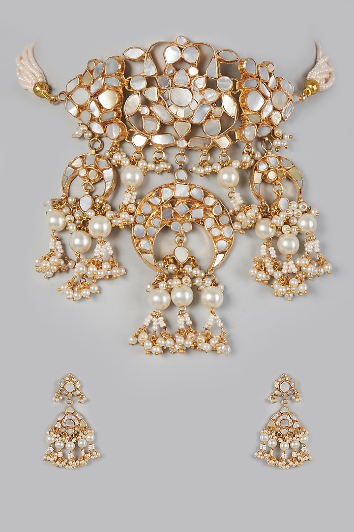 Gold Finish Mother of Pearl Necklace Set in Copper by Adityam Jewels at Pernia's Pop Up Shop