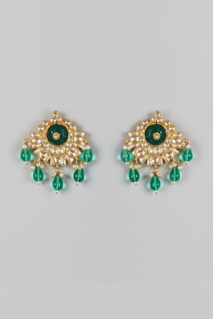 Gold Finish Beads & Kundan Polki Chandbali Earrings by Adityam Jewels at Pernia's Pop Up Shop