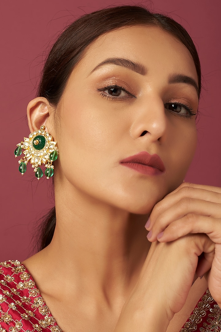 Gold Finish Beads & Kundan Polki Chandbali Earrings by Adityam Jewels at Pernia's Pop Up Shop