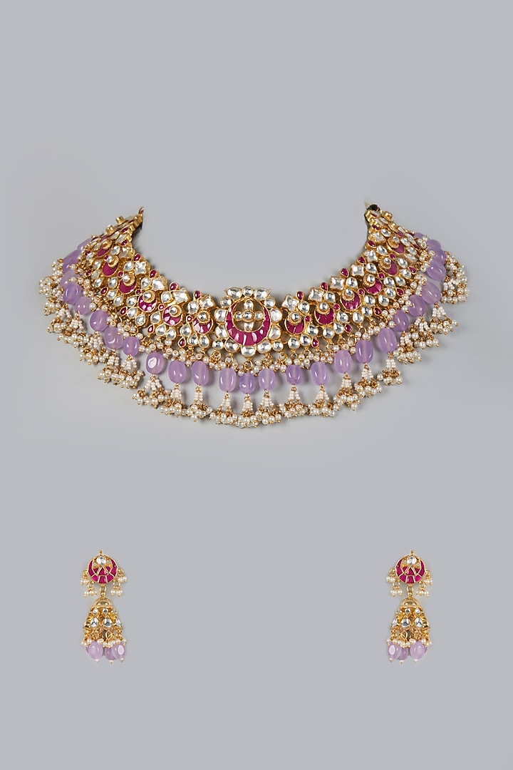 Gold Finish Purple Beads & Kundan Polki Necklace Set by Adityam Jewels at Pernia's Pop Up Shop