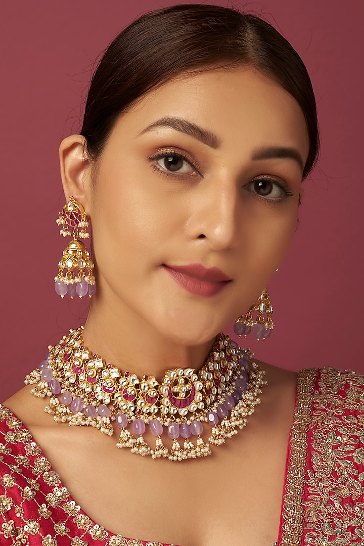 Gold Finish Purple Beads & Kundan Polki Necklace Set by Adityam Jewels at Pernia's Pop Up Shop