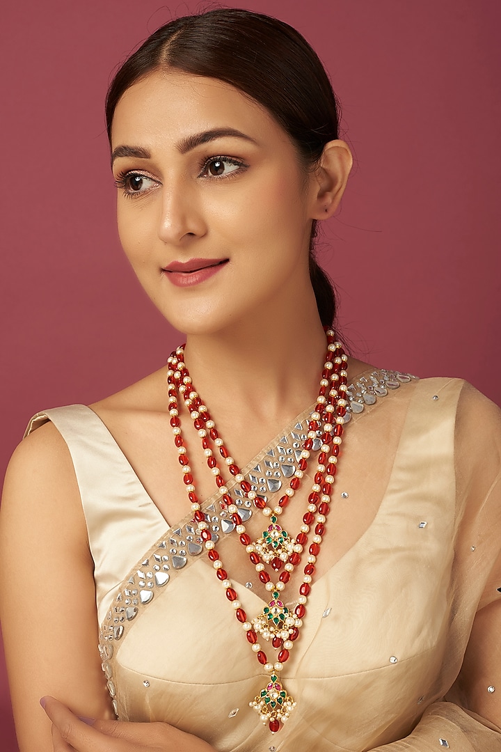 Gold Finish Beads & Kundan Polki Long Necklace by Adityam Jewels