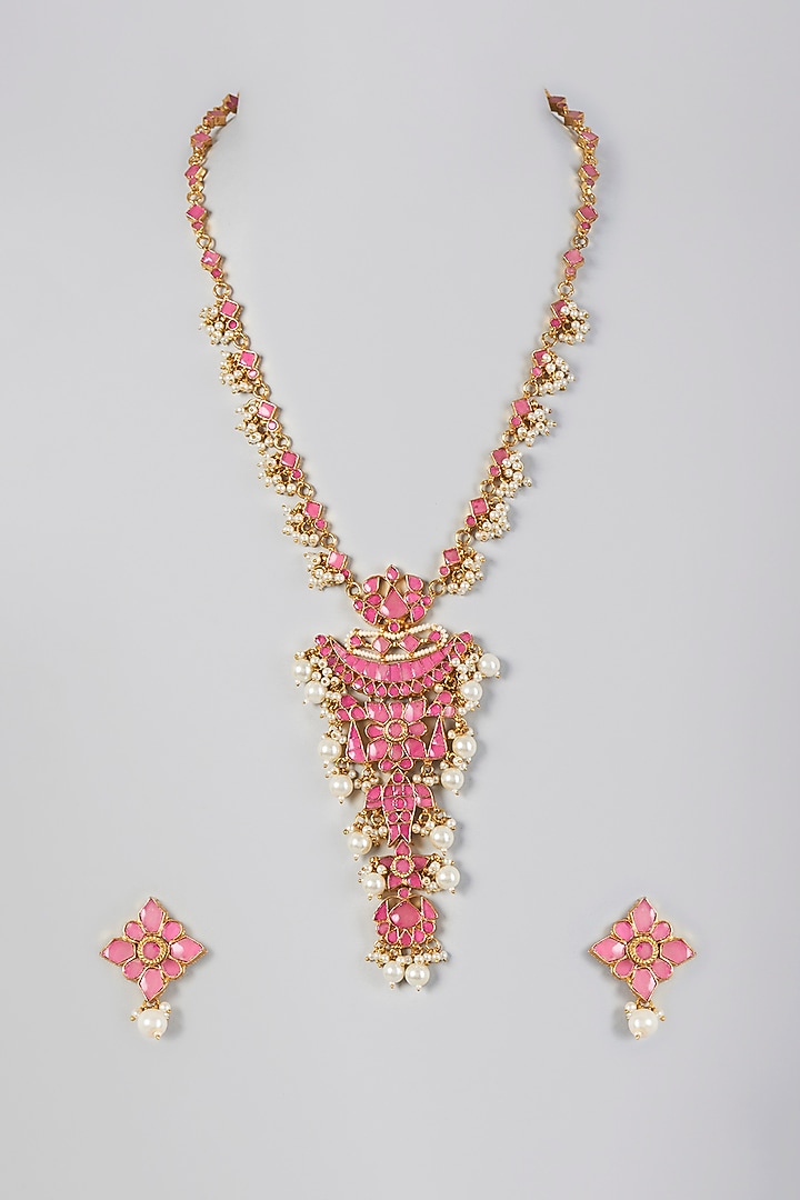 Gold Finish Kundan Long Necklace Set by Adityam Jewels at Pernia's Pop Up Shop