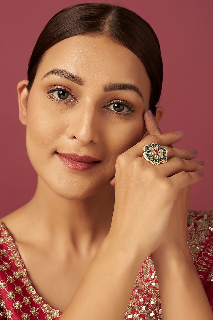 Gold Finish Kundan Ring by Adityam Jewels at Pernia's Pop Up Shop