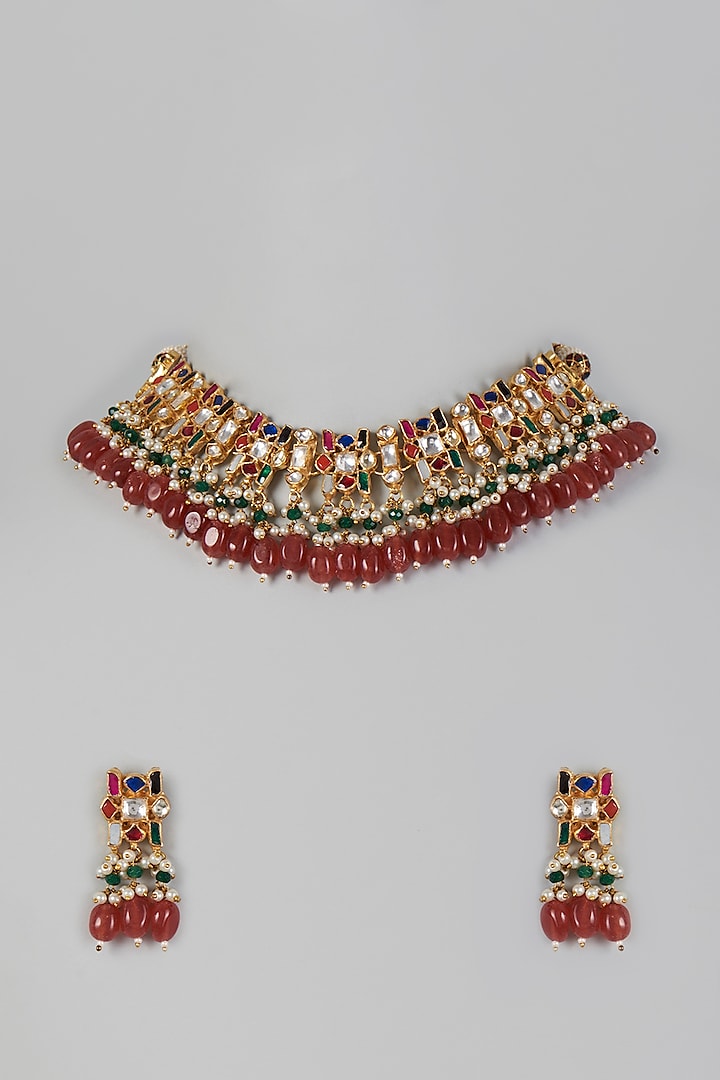 Gold Finish Necklace Set With Kundan Polki by Adityam Jewels at Pernia's Pop Up Shop