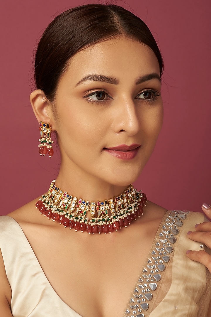 Gold Finish Necklace Set With Kundan Polki by Adityam Jewels at Pernia's Pop Up Shop