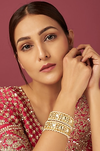 Gold Finish Kundan Polki Bangles (Set of 2) by Adityam Jewels