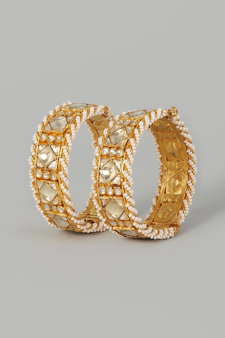 Gold Finish Kundan Polki Bangles (Set of 2) by Adityam Jewels at Pernia's Pop Up Shop