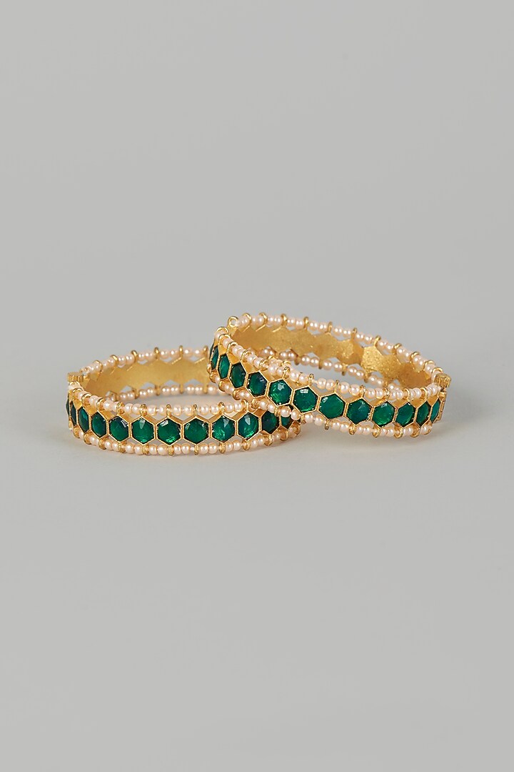Gold Finish Kundan Polki Bangles (Set of 2) by Adityam Jewels at Pernia's Pop Up Shop