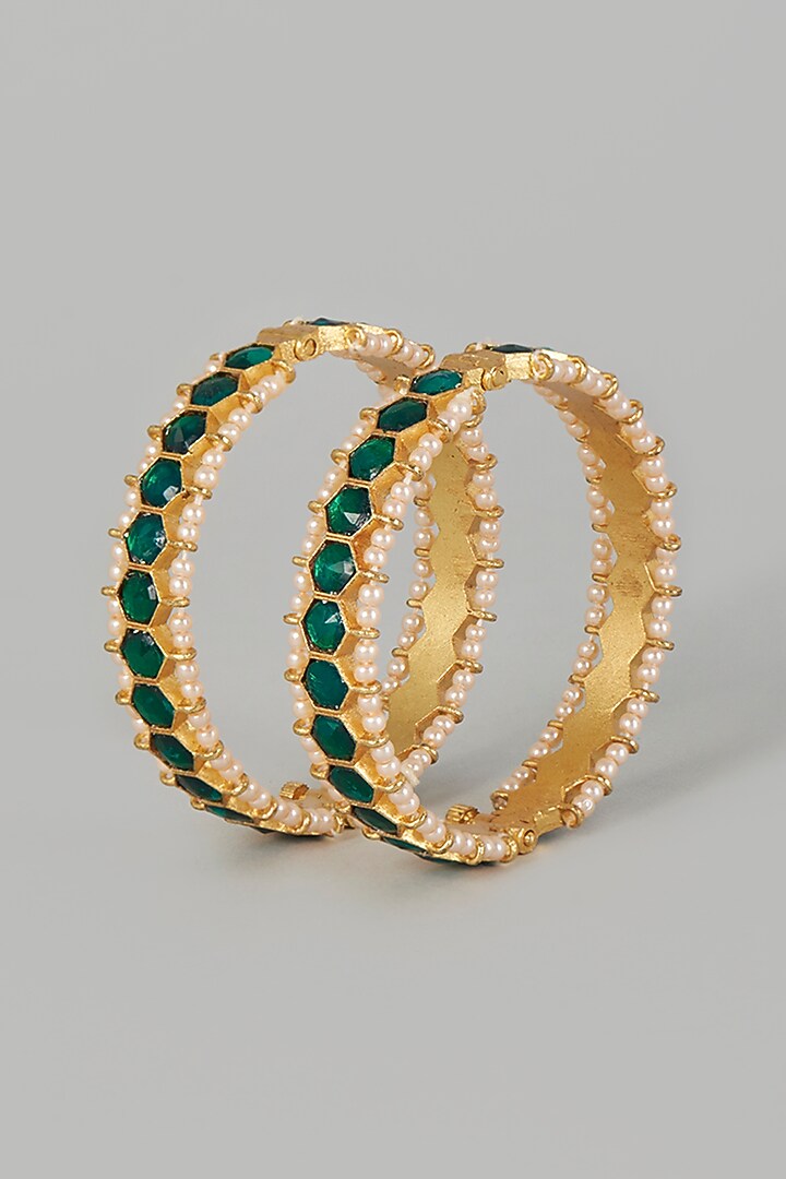 Gold Finish Kundan Polki Bangles (Set of 2) by Adityam Jewels at Pernia's Pop Up Shop