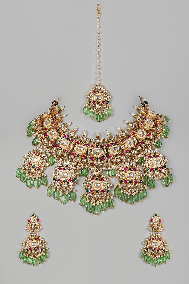 Gold Finish Kundan Polki Necklace Set by Adityam Jewels at Pernia's Pop Up Shop
