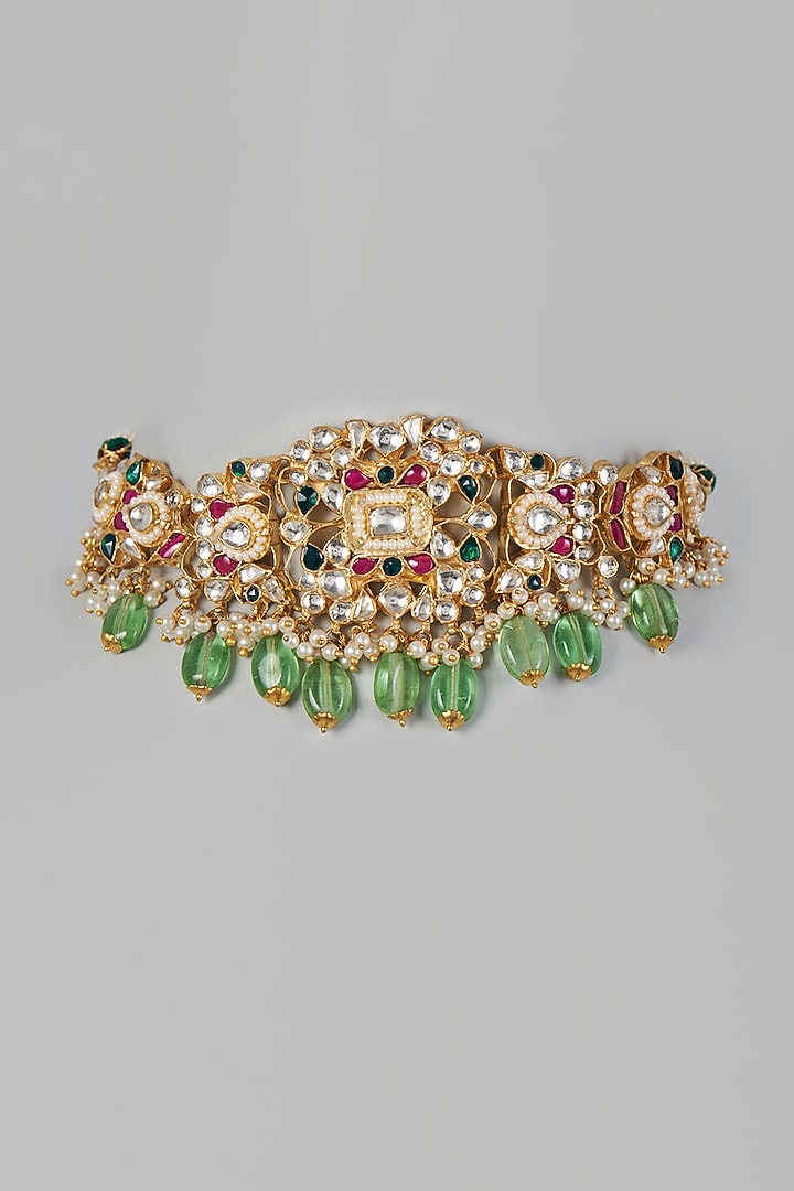 Gold Finish Kundan Polki Necklace Set by Adityam Jewels at Pernia's Pop Up Shop