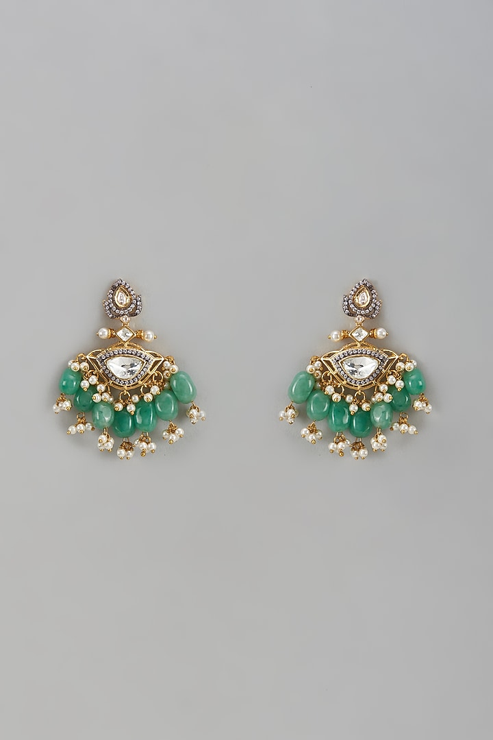 Gold Finish Kundan Polki & Green Drop Earrings by Adityam Jewels at Pernia's Pop Up Shop