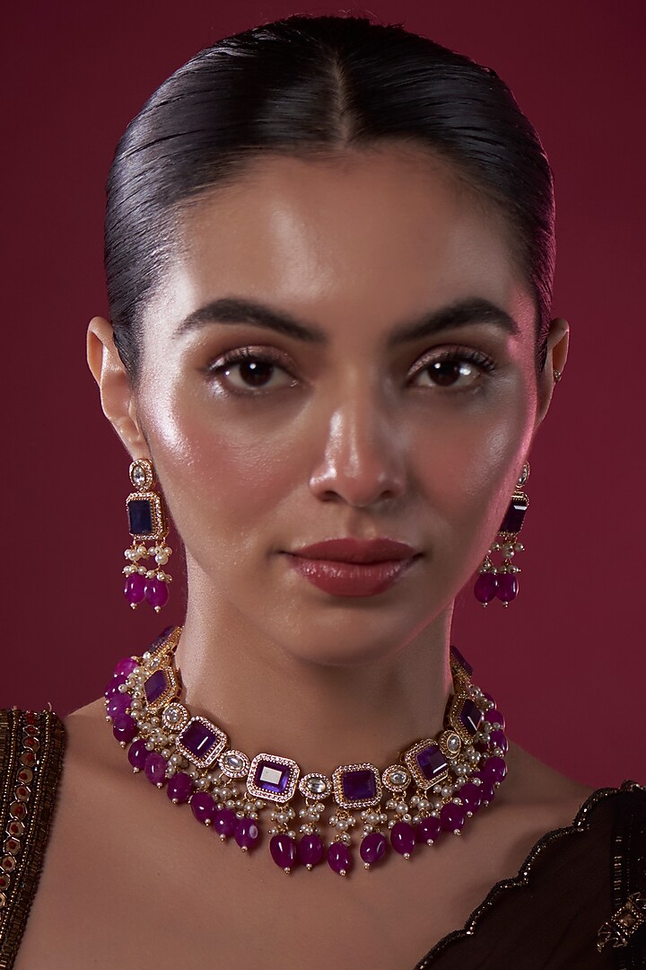 Gold Finish Purple Kundan Polki Choker Necklace Set by Adityam Jewels at Pernia's Pop Up Shop