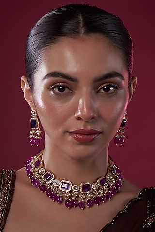 Gold Finish Purple Kundan Polki Choker Necklace Set by Adityam Jewels