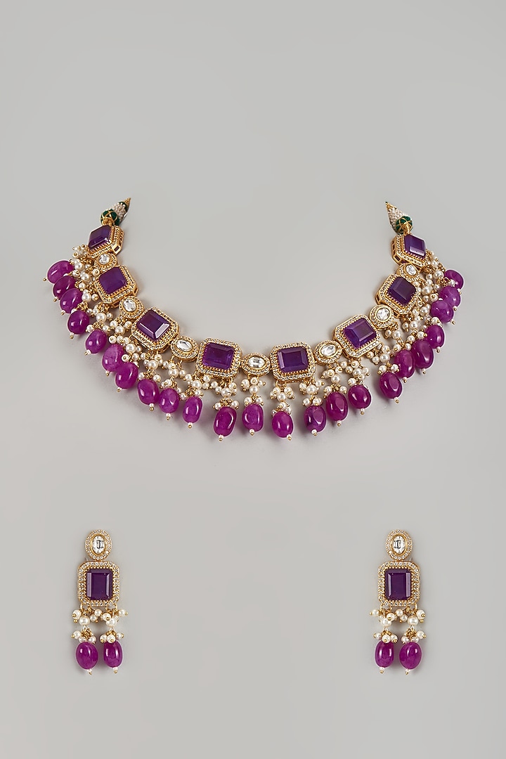 Gold Finish Purple Kundan Polki Choker Necklace Set by Adityam Jewels at Pernia's Pop Up Shop