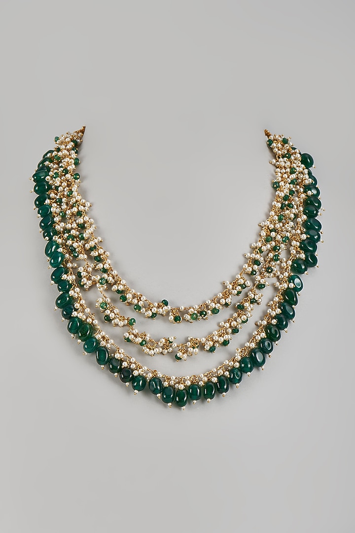 Gold Finish Pearl & Green Drop Mala by Adityam Jewels at Pernia's Pop Up Shop