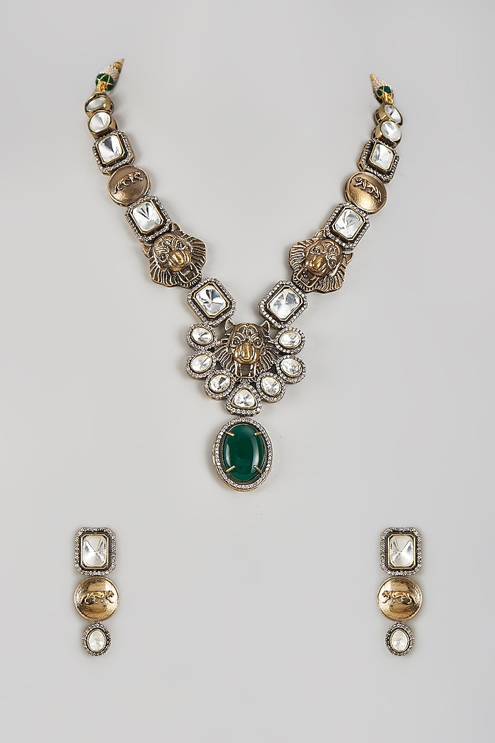 Black Rhodium Finish Green Kundan Polki Necklace Set by Adityam Jewels at Pernia's Pop Up Shop