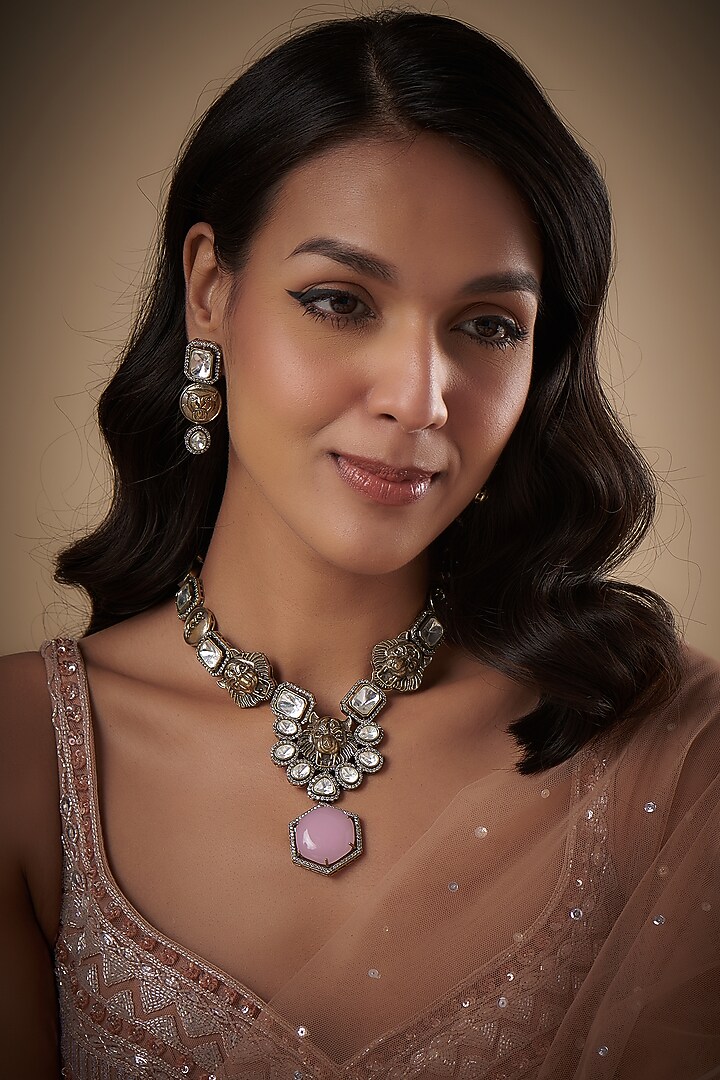 Black Rhodium Finish Pink Kundan Polki Choker Necklace Set by Adityam Jewels at Pernia's Pop Up Shop
