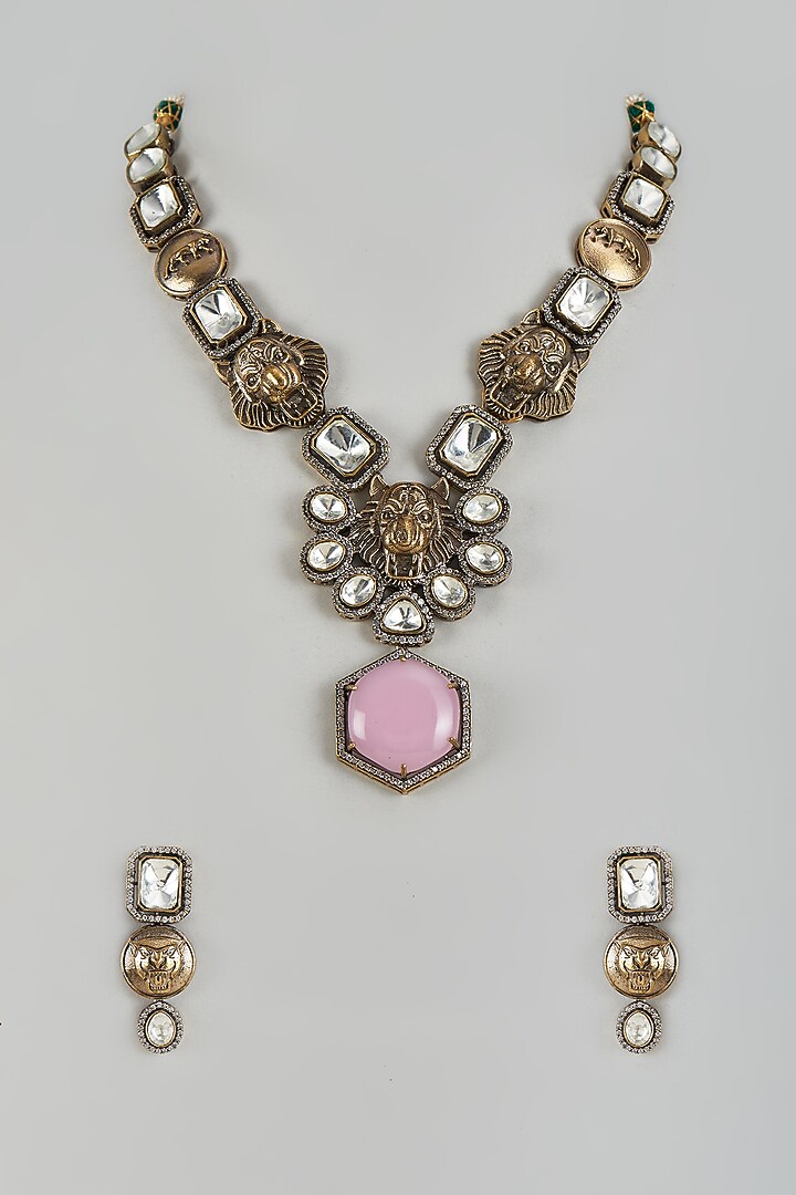 Black Rhodium Finish Pink Kundan Polki Choker Necklace Set by Adityam Jewels at Pernia's Pop Up Shop