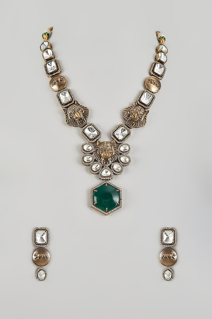 Two Tone Finish Green Kundan Polki Necklace Set by Adityam Jewels at Pernia's Pop Up Shop