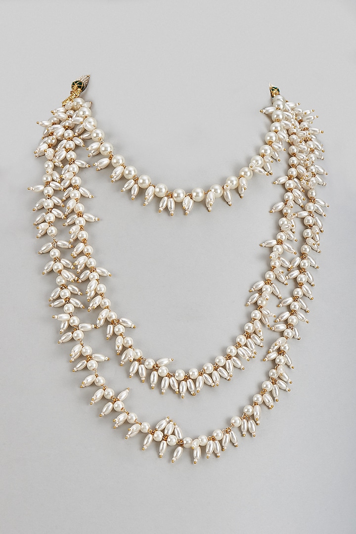 Gold Finish Pearl Long Necklace by Adityam Jewels at Pernia's Pop Up Shop