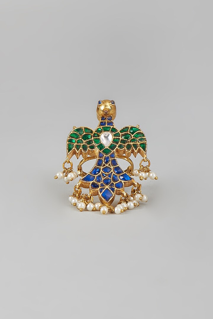 Gold Finish Multi-Colored Kundan Polki Bird Ring by Adityam Jewels at Pernia's Pop Up Shop