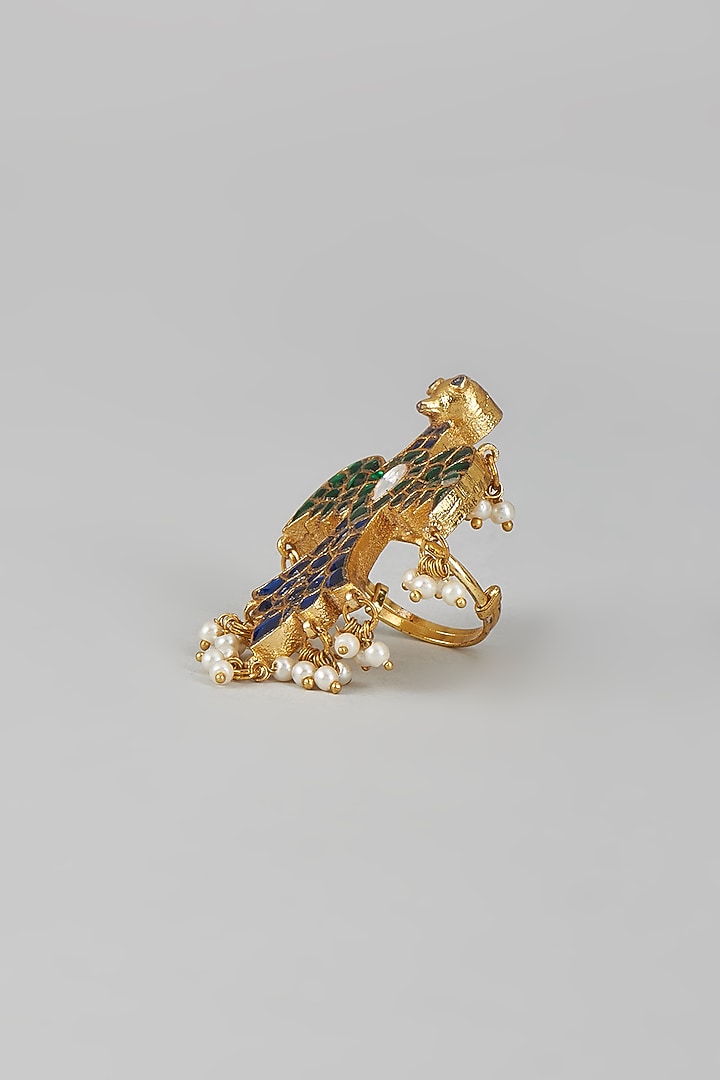 Gold Finish Multi-Colored Kundan Polki Bird Ring by Adityam Jewels at Pernia's Pop Up Shop