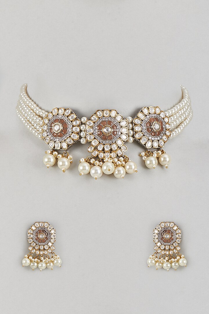 Gold Finish Kundan Polki Choker Necklace Set by Adityam Jewels at Pernia's Pop Up Shop