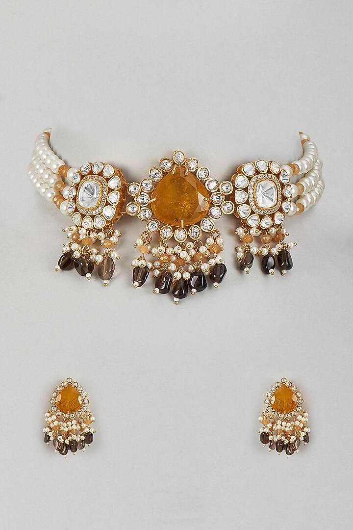 Gold Finish Kundan Polki Choker Necklace Set by Adityam Jewels at Pernia's Pop Up Shop