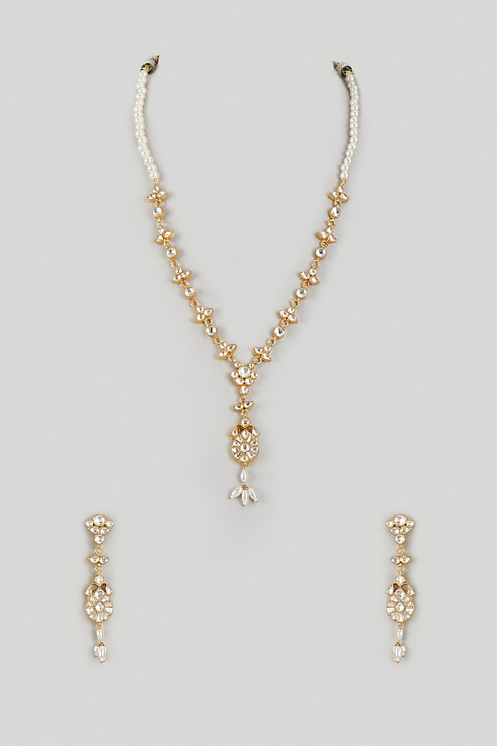 Gold Finish Kundan Polki Long Necklace Set by Adityam Jewels at Pernia's Pop Up Shop