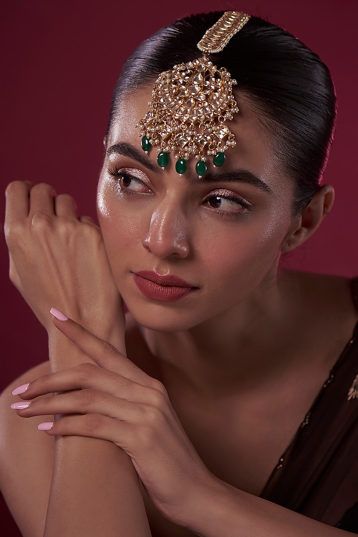 Gold Finish Kundan Polki & Green Drop Maangtikka by Adityam Jewels at Pernia's Pop Up Shop