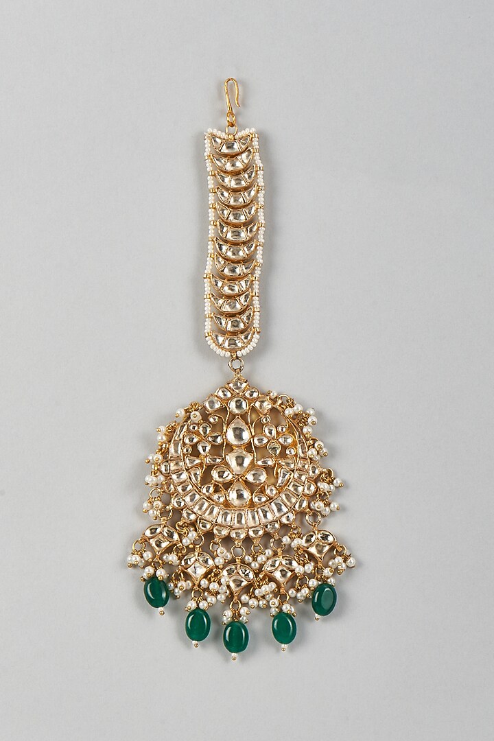 Gold Finish Kundan Polki & Green Drop Maangtikka by Adityam Jewels at Pernia's Pop Up Shop