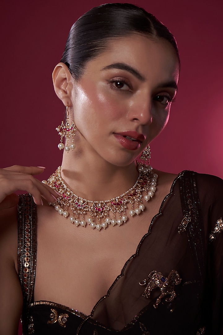 Gold Finish Kundan Polki Necklace Set by Adityam Jewels at Pernia's Pop Up Shop