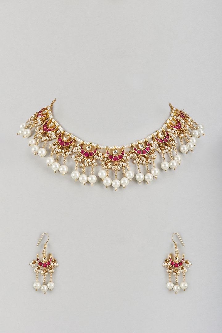 Gold Finish Kundan Polki Necklace Set by Adityam Jewels at Pernia's Pop Up Shop