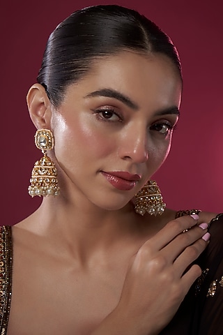Gold Finish Kundan Polki & Pearl Drop Jhumka Earrings by Adityam Jewels
