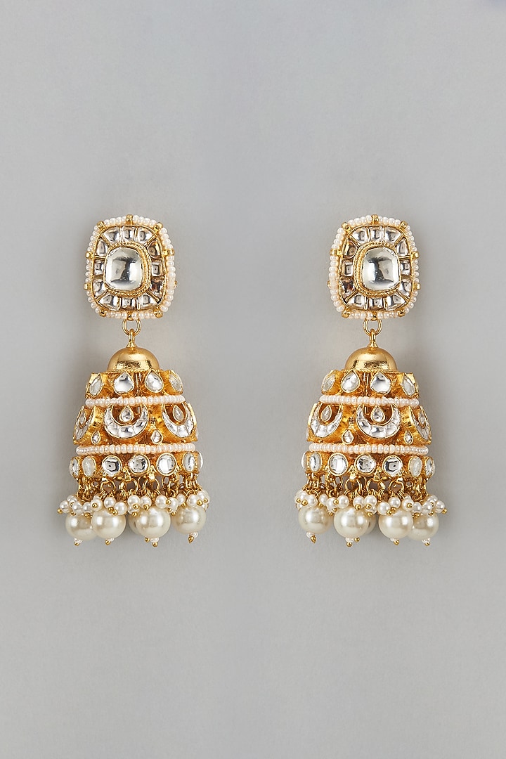 Gold Finish Kundan Polki & Pearl Drop Jhumka Earrings by Adityam Jewels at Pernia's Pop Up Shop
