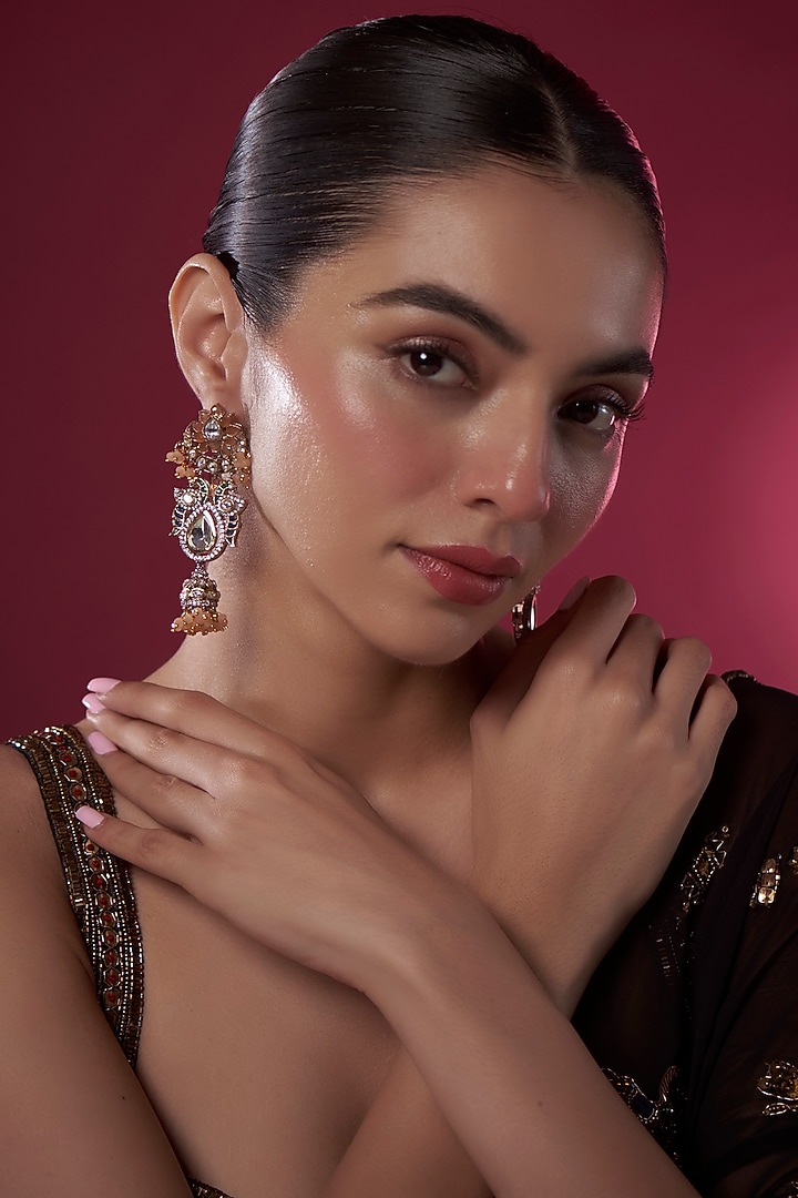 Gold Finish Orange Kundan Polki Chandbali Earrings by Adityam Jewels at Pernia's Pop Up Shop