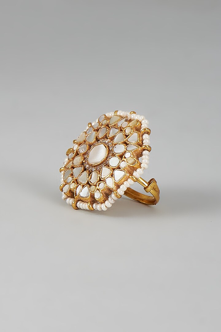 Gold Finish Kundan Polki & Mother of Pearl Ring by Adityam Jewels at Pernia's Pop Up Shop
