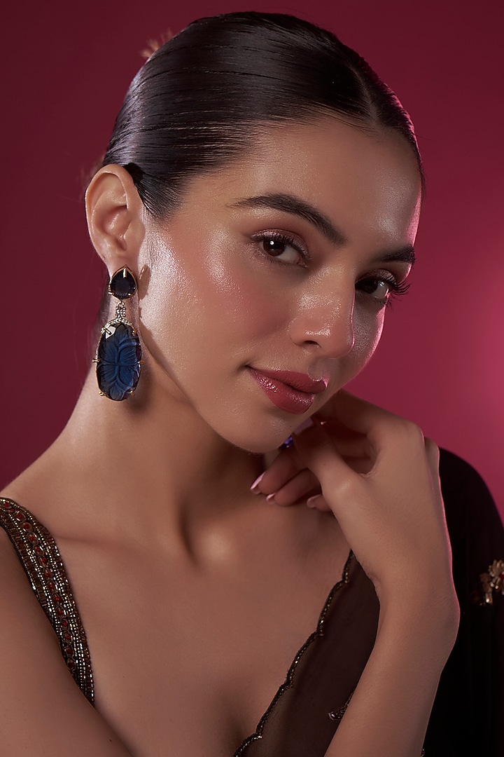 Gold Finish Blue Kundan Polki Dangler Earrings by Adityam Jewels at Pernia's Pop Up Shop