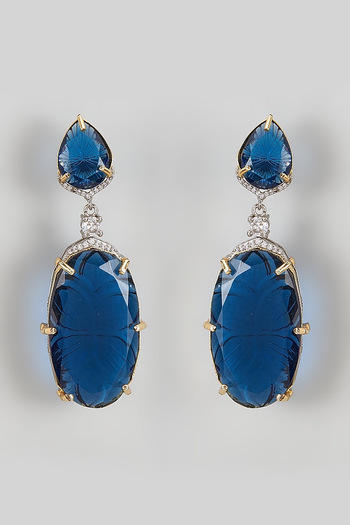 Gold Finish Blue Kundan Polki Dangler Earrings by Adityam Jewels at Pernia's Pop Up Shop
