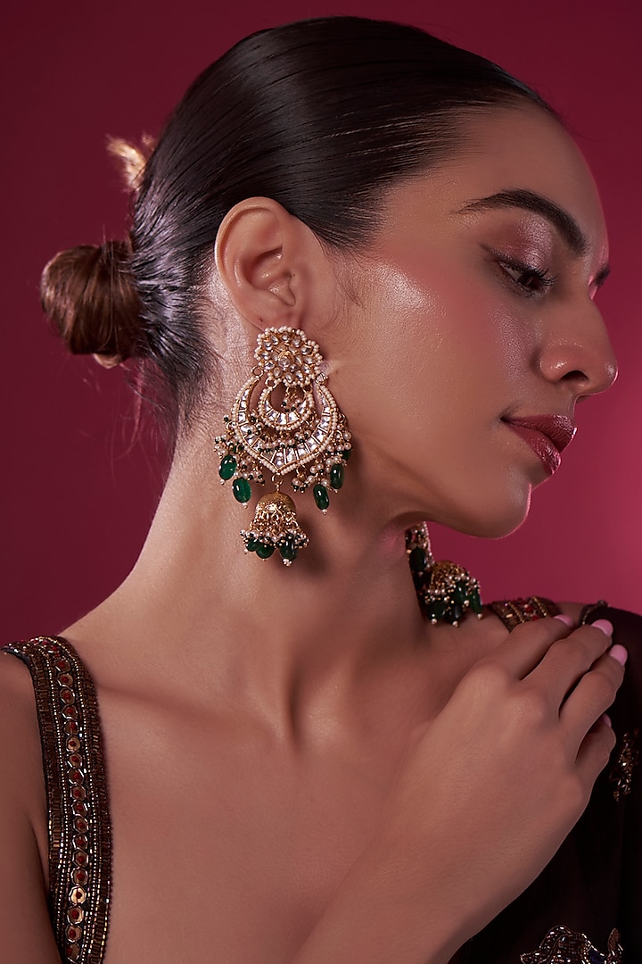 Gold Finish Kundan Polki & Green Drop Chandbali Earrings by Adityam Jewels
